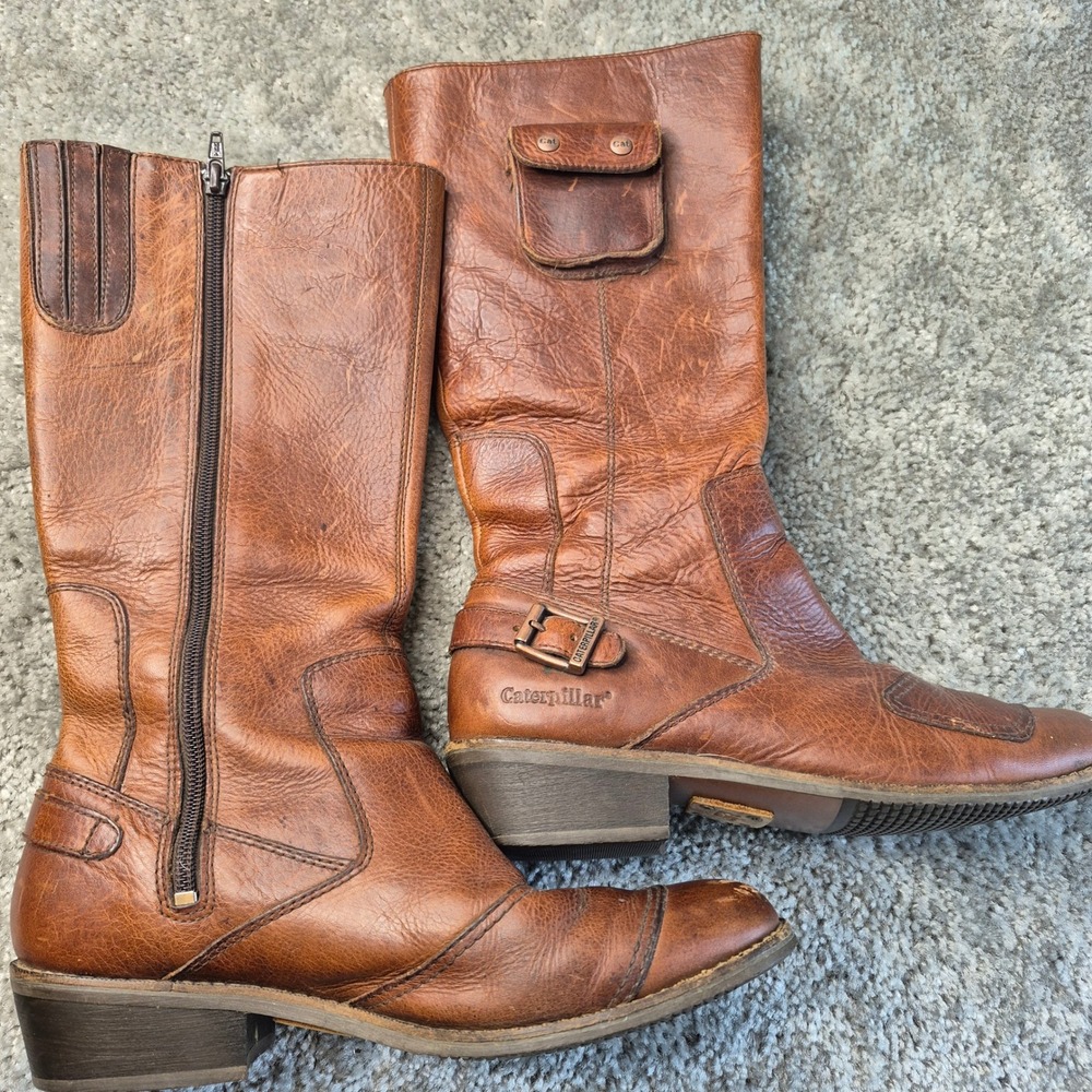 Caterpillar Womens Brown Leather Moto Riding Boots Side Zip Buckle Snap Pocket